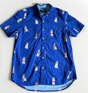 Chubbies Mens M Blue Lifeguard Dog Print Short Sleeve Button Down Shirt Friday